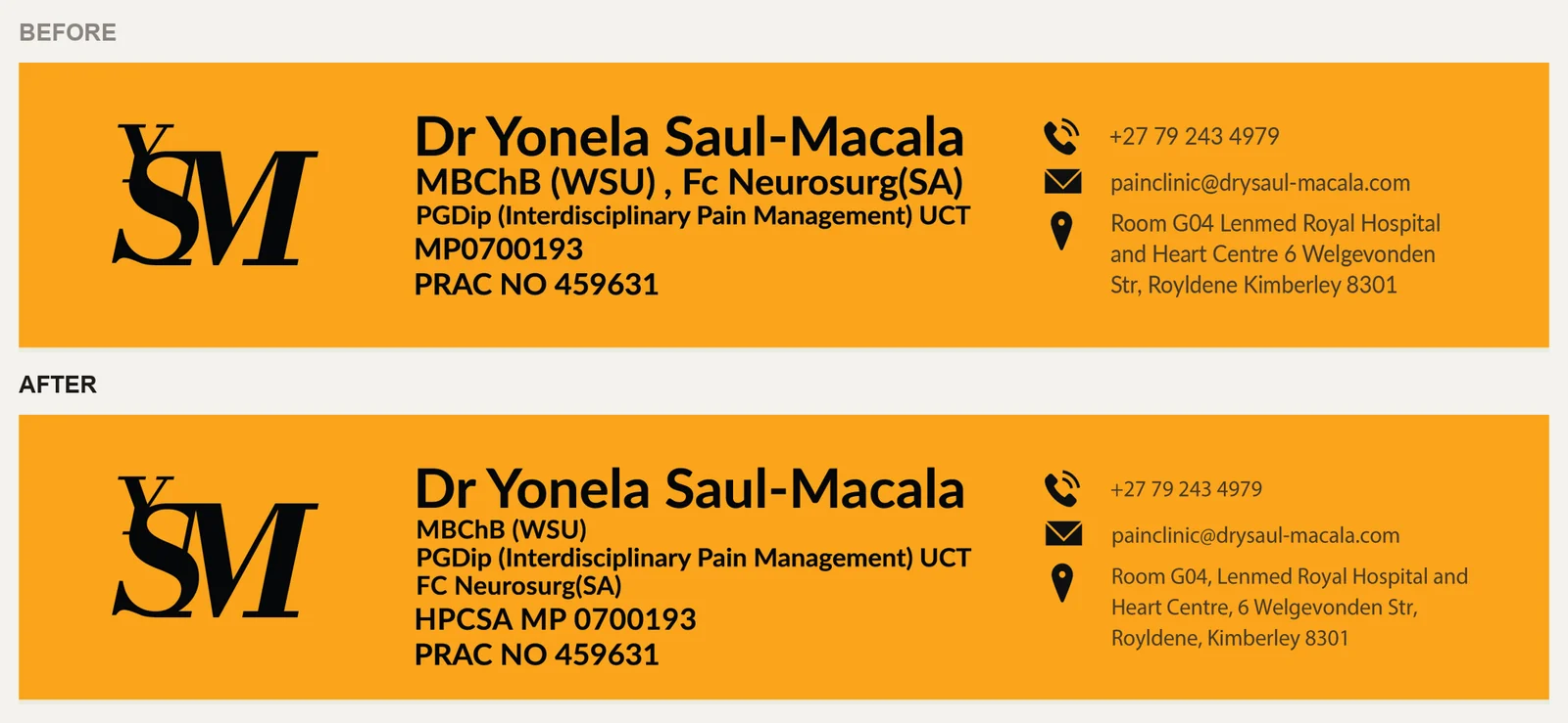 Letterhead header, before and after