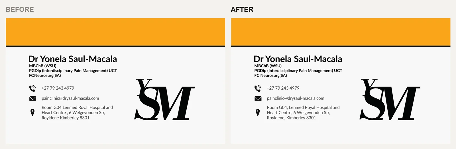 Business card front, before and after
