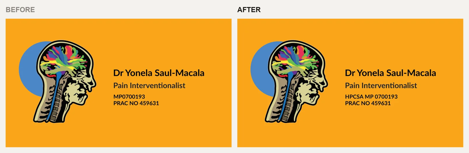 Business card back, before and after