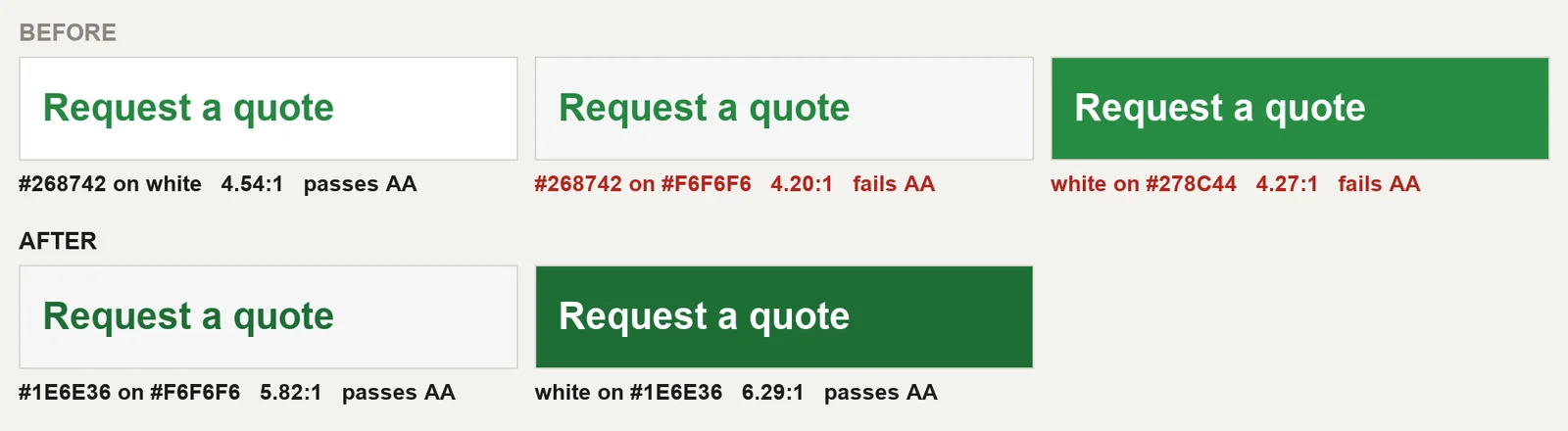 Text green and button, before and after, with the measured contrast